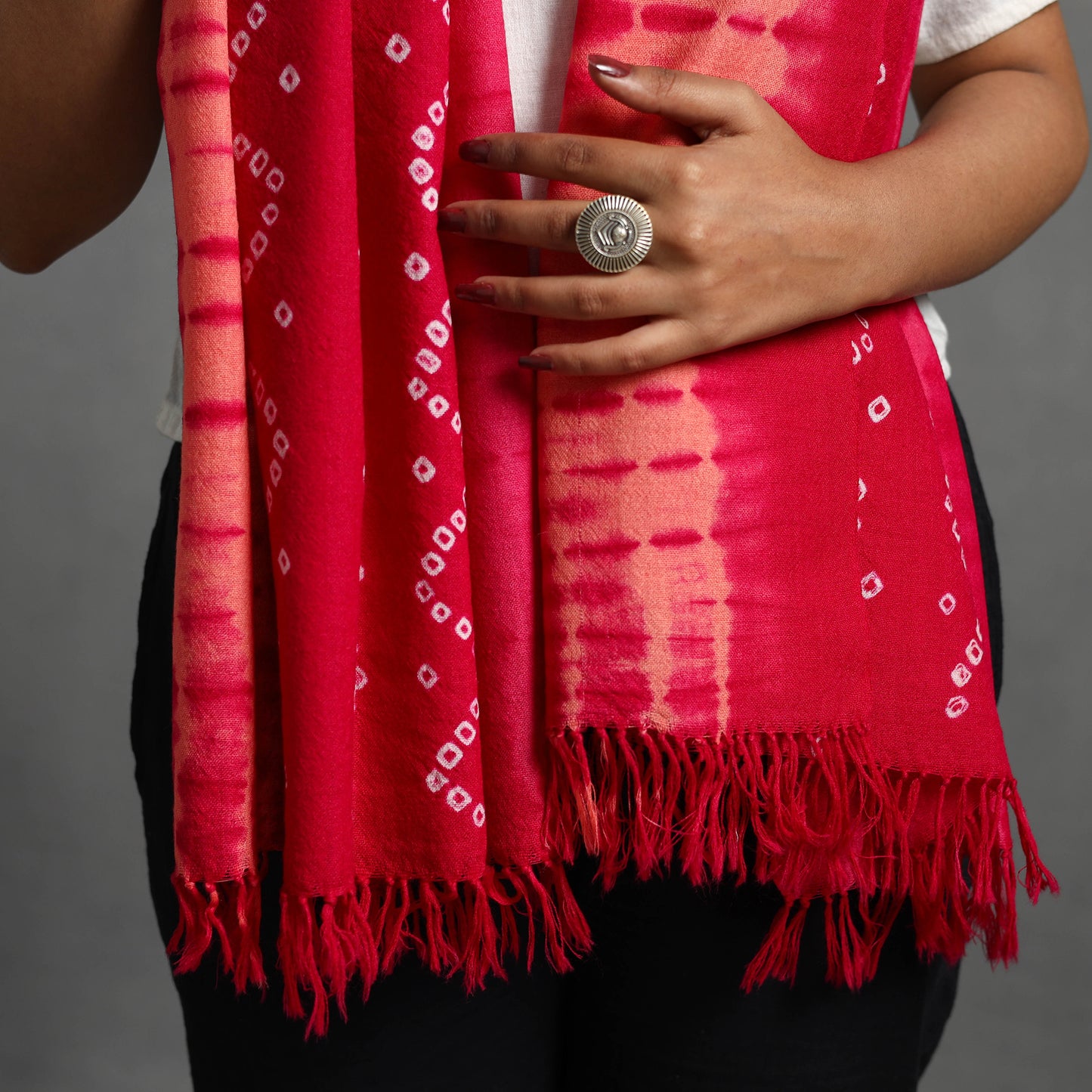 Pink - Kutch Handwoven Bandhani & Shibori Woolen Stole 35