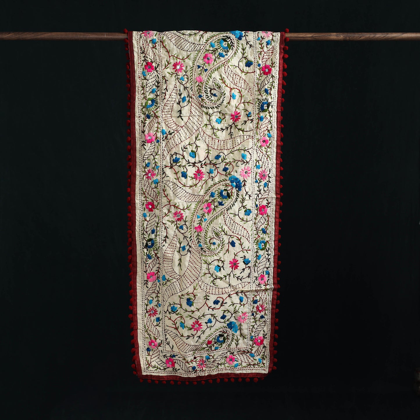 Ranihati Chanderi Silk Hand Embroidered Stole with Pom Pom 157