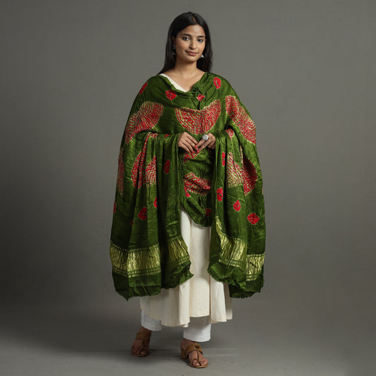 Green - Kutch Bandhani & Shibori Tie-Dye Modal Silk Dupatta with Zari Border 109