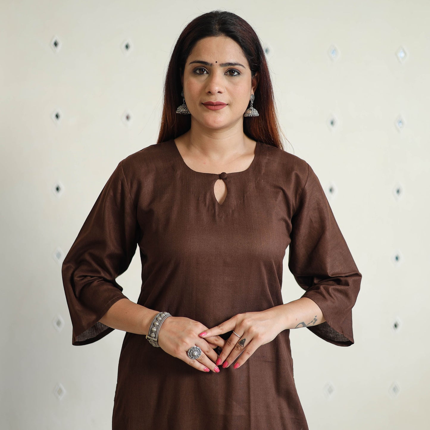 Dark Brown - Linen Viscose Plain Long Straight Kurta 43