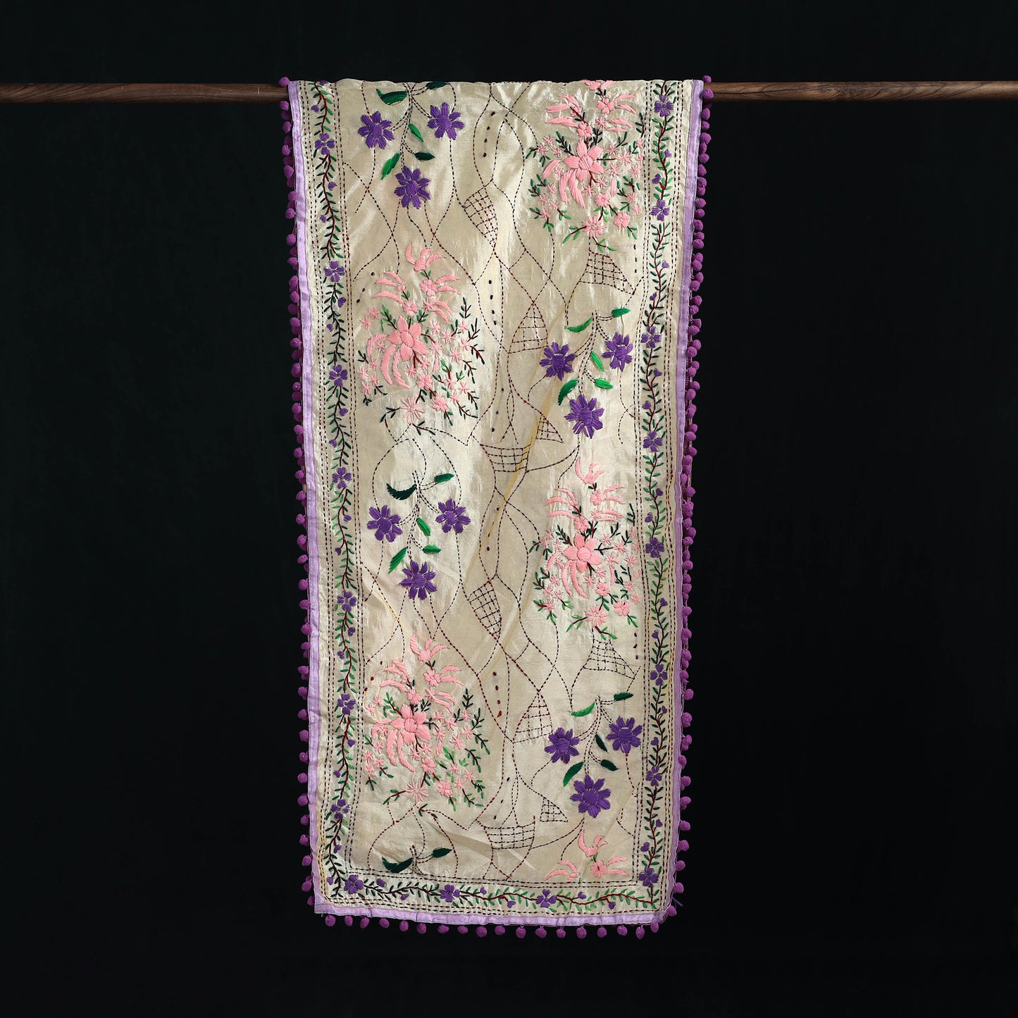Ranihati Chanderi Silk Hand Embroidered Stole with Pom Pom 156