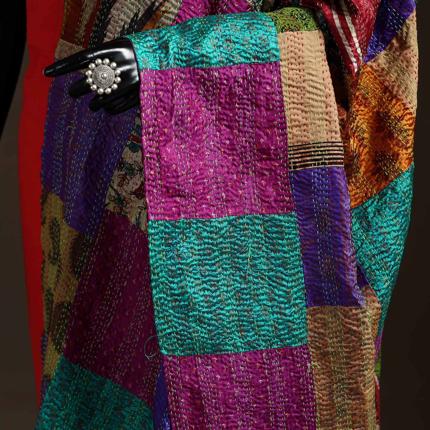 Multicolor - Bengal Hand Embroidery Patchwork Reversible Silk Kantha Dupatta 05