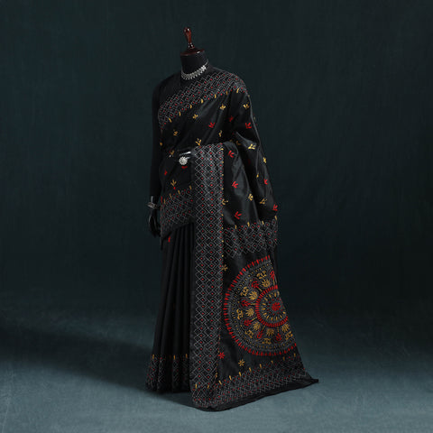 Black - Bengal Hand Embroidery Silk Nakshi Kantha Saree 15