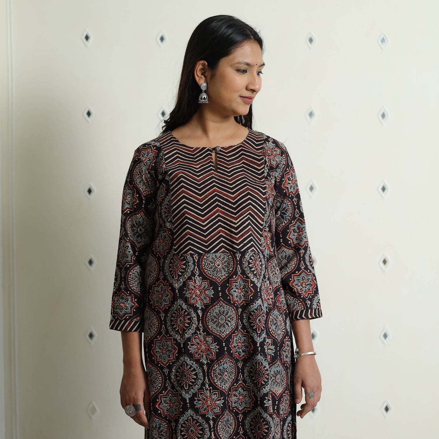 Black - Ajrakh Block Printed Cotton Kurta with Palazzo & Dupatta Set