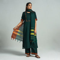 Dark Green - Dharwad Cotton Kurta with Palazzo & Dupatta Set