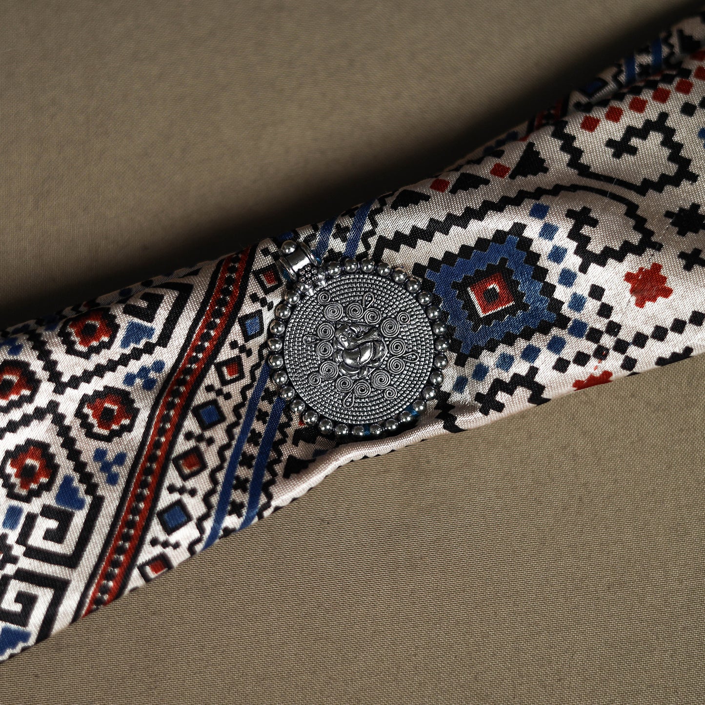 Ajrakh Hand Block Print Natural Dyed Modal Silk Brooch Scarf 20
