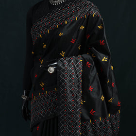Black - Bengal Hand Embroidery Silk Nakshi Kantha Saree 15