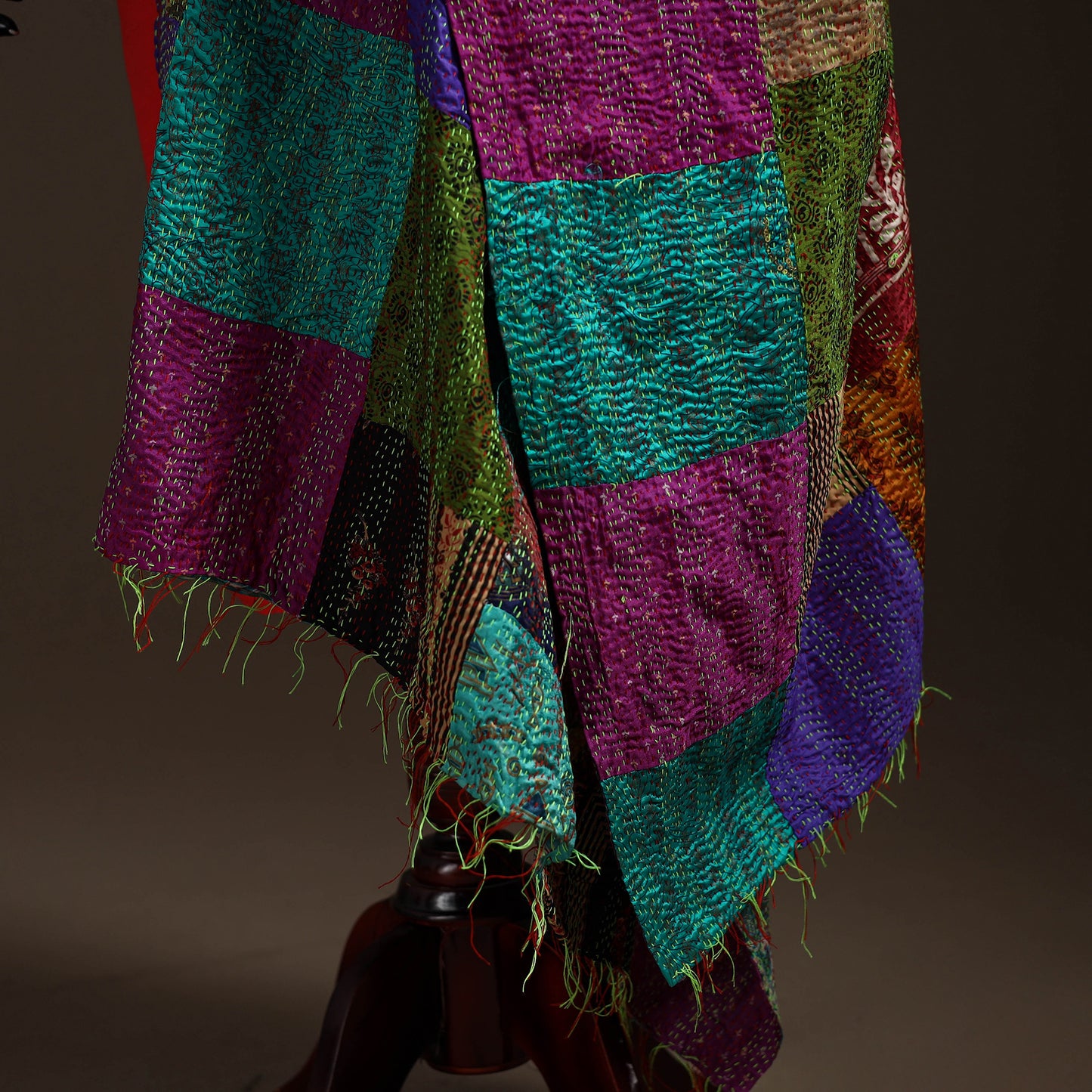 Multicolor - Bengal Hand Embroidery Patchwork Reversible Silk Kantha Dupatta 05