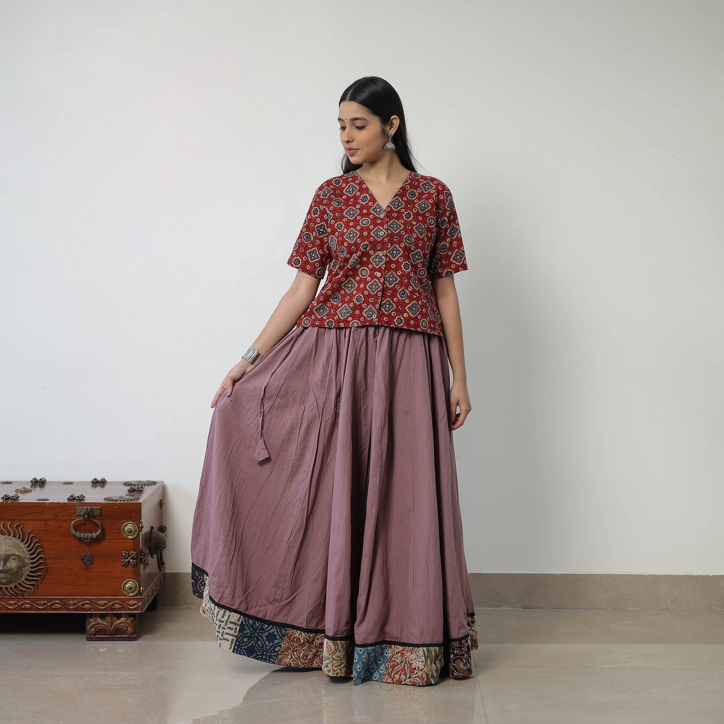 24 Kali Plain Cotton Skirt with Patchwork Border 01