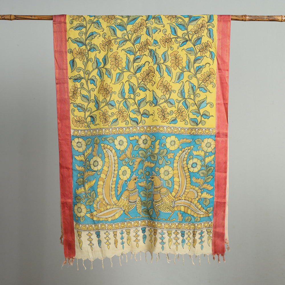 Yellow - Srikalahasti Pen Work Kalamkari Chanderi Silk Handpainted Zari Border Dupatta with Tassels 182