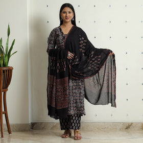 Ajrakh Block Printed Cotton Kurta with Palazzo & Dupatta Set
 
