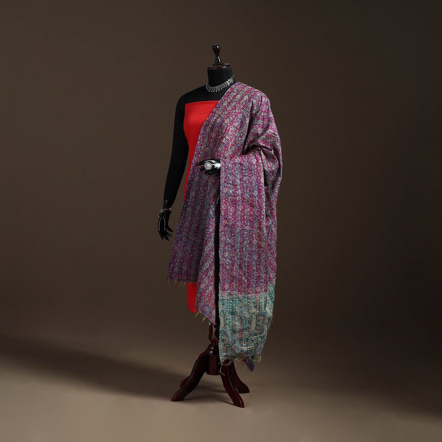 Multicolor - Bengal Hand Embroidery Patchwork Reversible Silk Kantha Dupatta 05