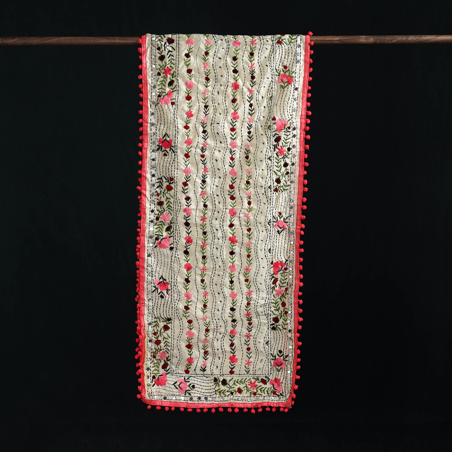 Ranihati Chanderi Silk Hand Embroidered Stole with Pom Pom 154