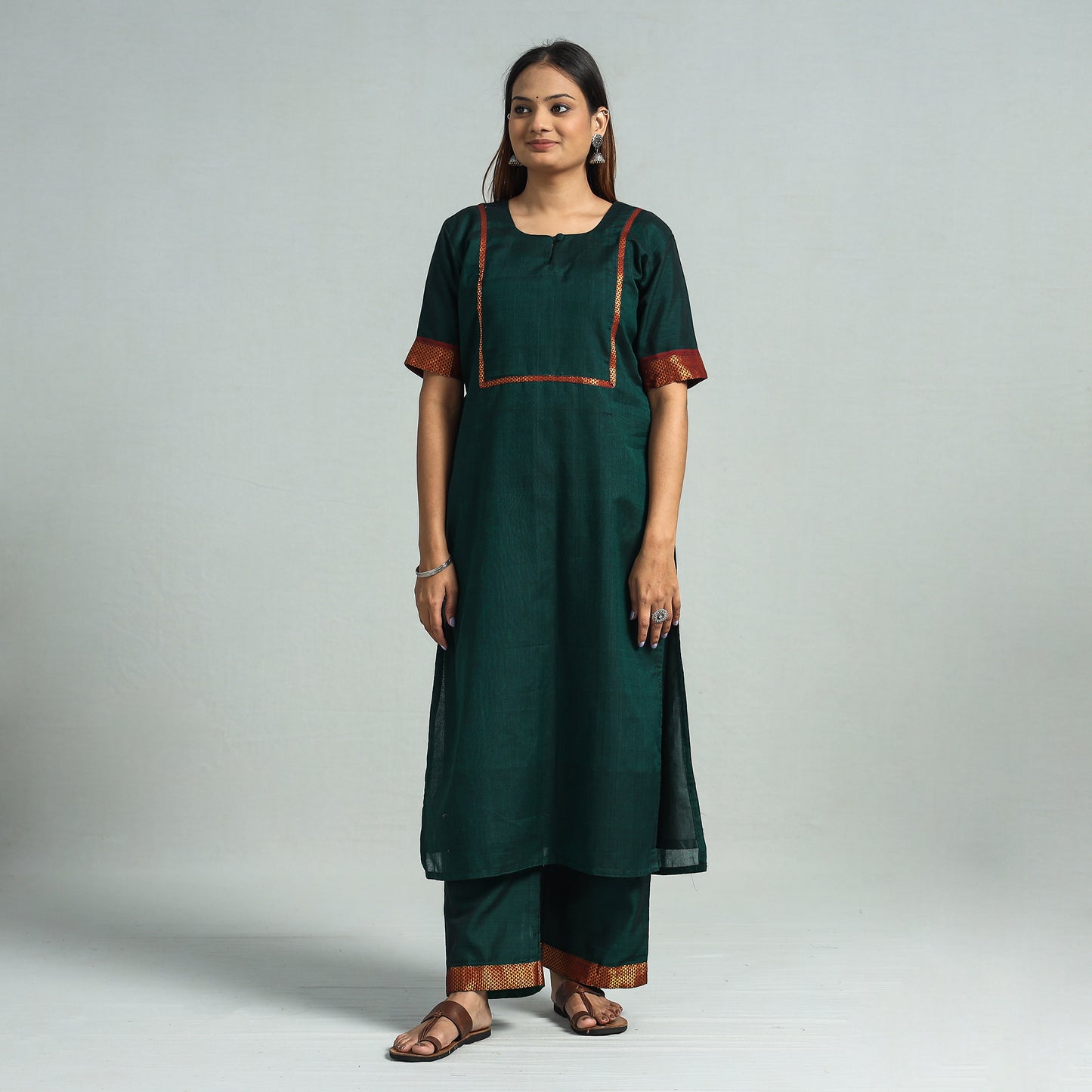 Dark Green - Dharwad Cotton Kurta with Palazzo & Dupatta Set