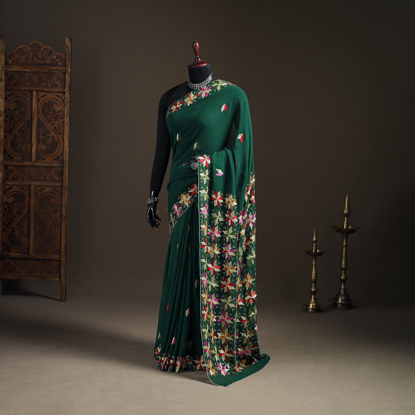 Chinon Silk Hand Embroidery Phulkari Saree 12
