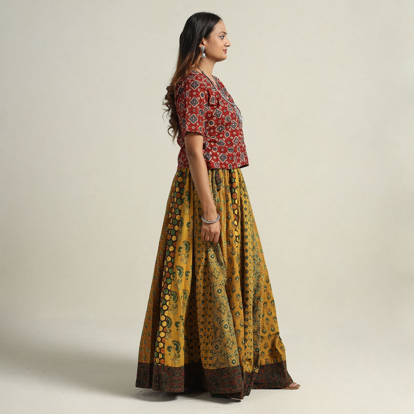 Yellow - Ajrakh Block Printed 24 Kali Patchwork Cotton Long Skirt 79