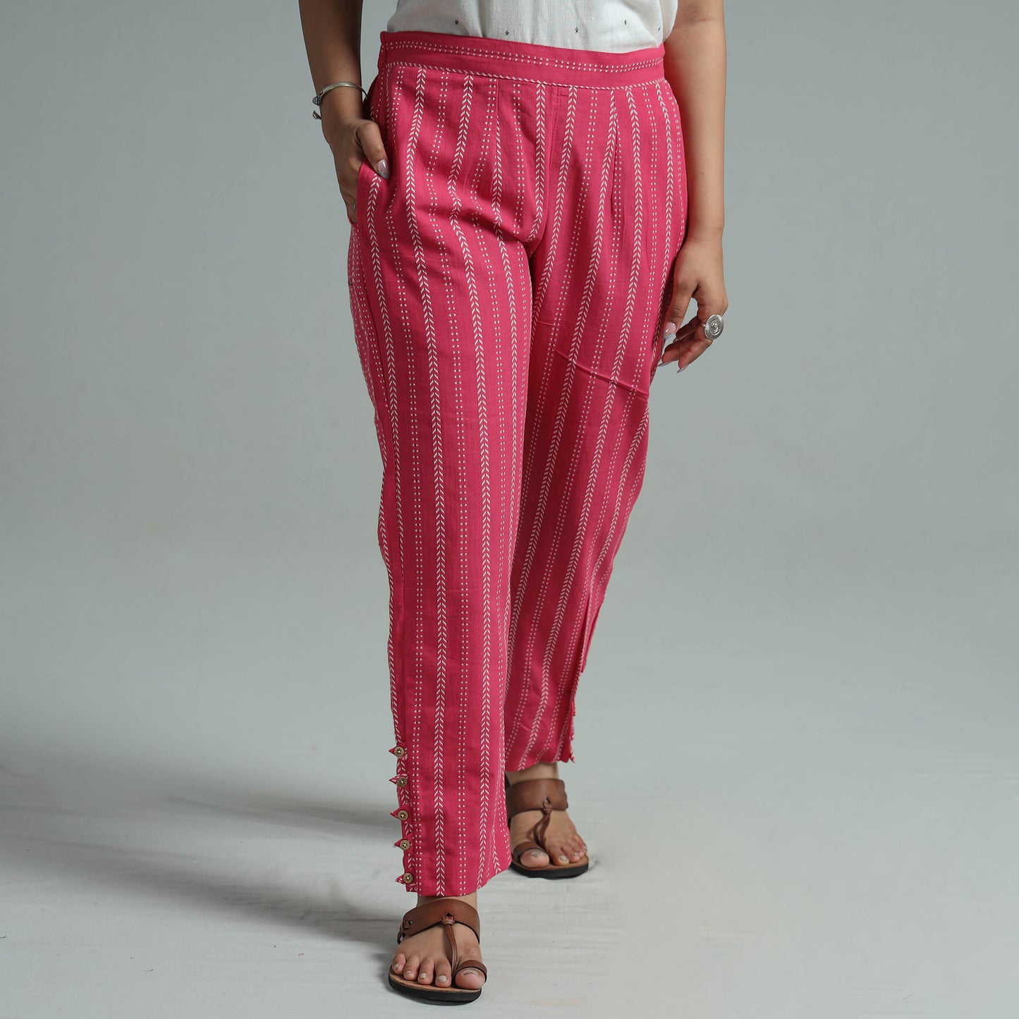 Pink - Jacquard Weave Cotton Elasticated Pant 03