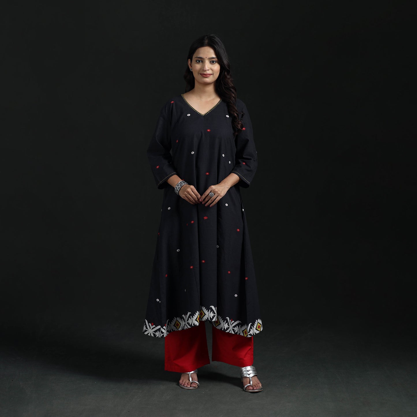 Hand Embroidered Jacquard Cotton A-Line Long Kurta for Women 03