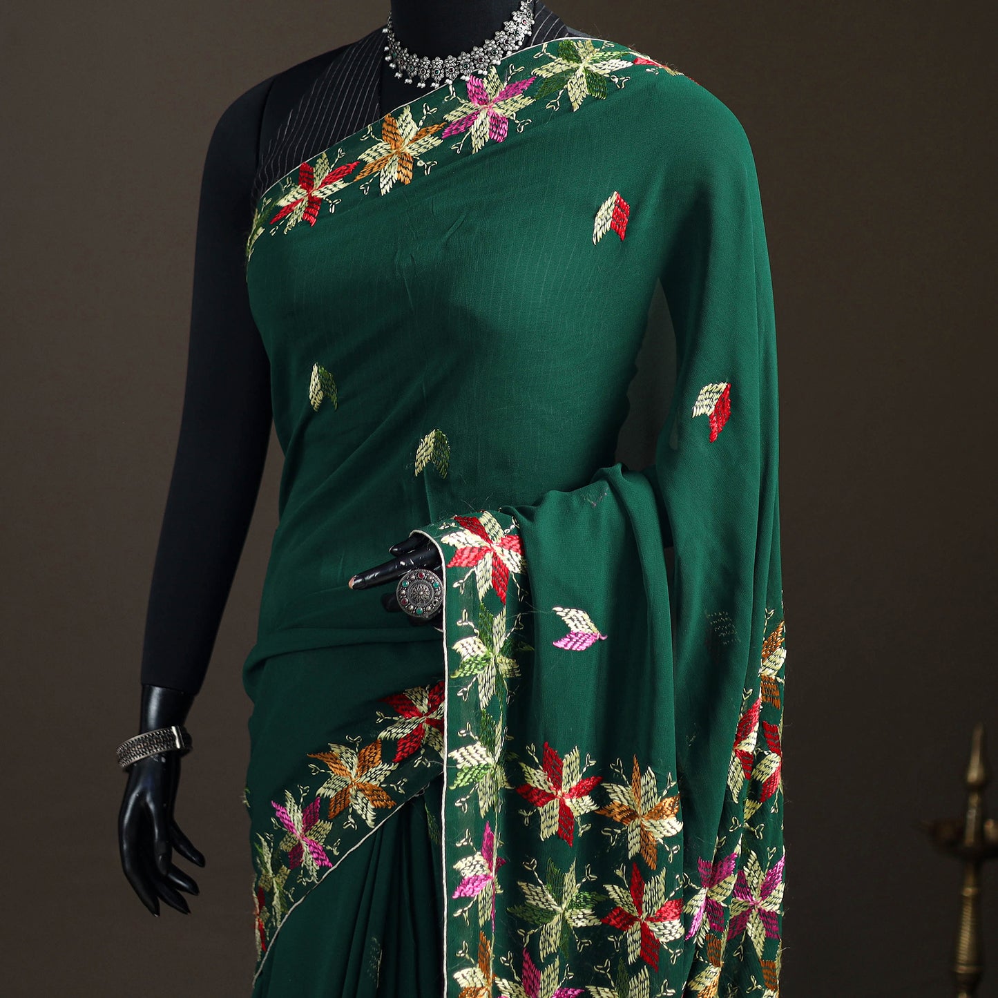 Chinon Silk Hand Embroidery Phulkari Saree 12