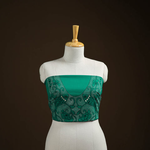 Green - Bengal Kantha Hand Embroidered Cotton Blouse Piece 84