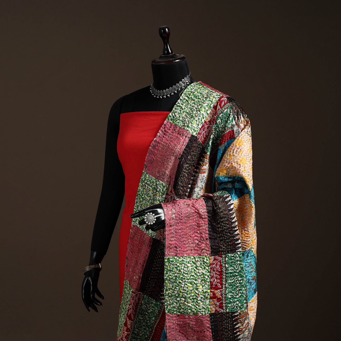 Multicolor - Bengal Hand Embroidery Patchwork Reversible Silk Kantha Dupatta 06