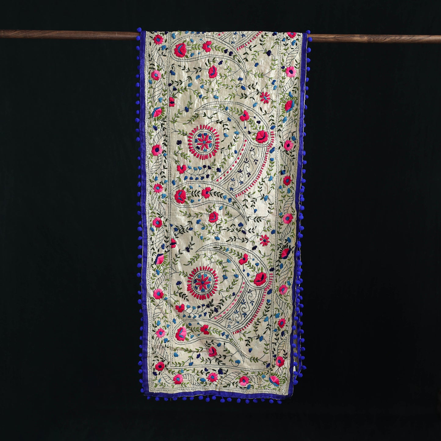 Ranihati Chanderi Silk Hand Embroidered Stole with Pom Pom 152