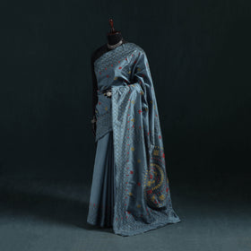 Blue - Bengal Hand Embroidery Silk Nakshi Kantha Saree 16