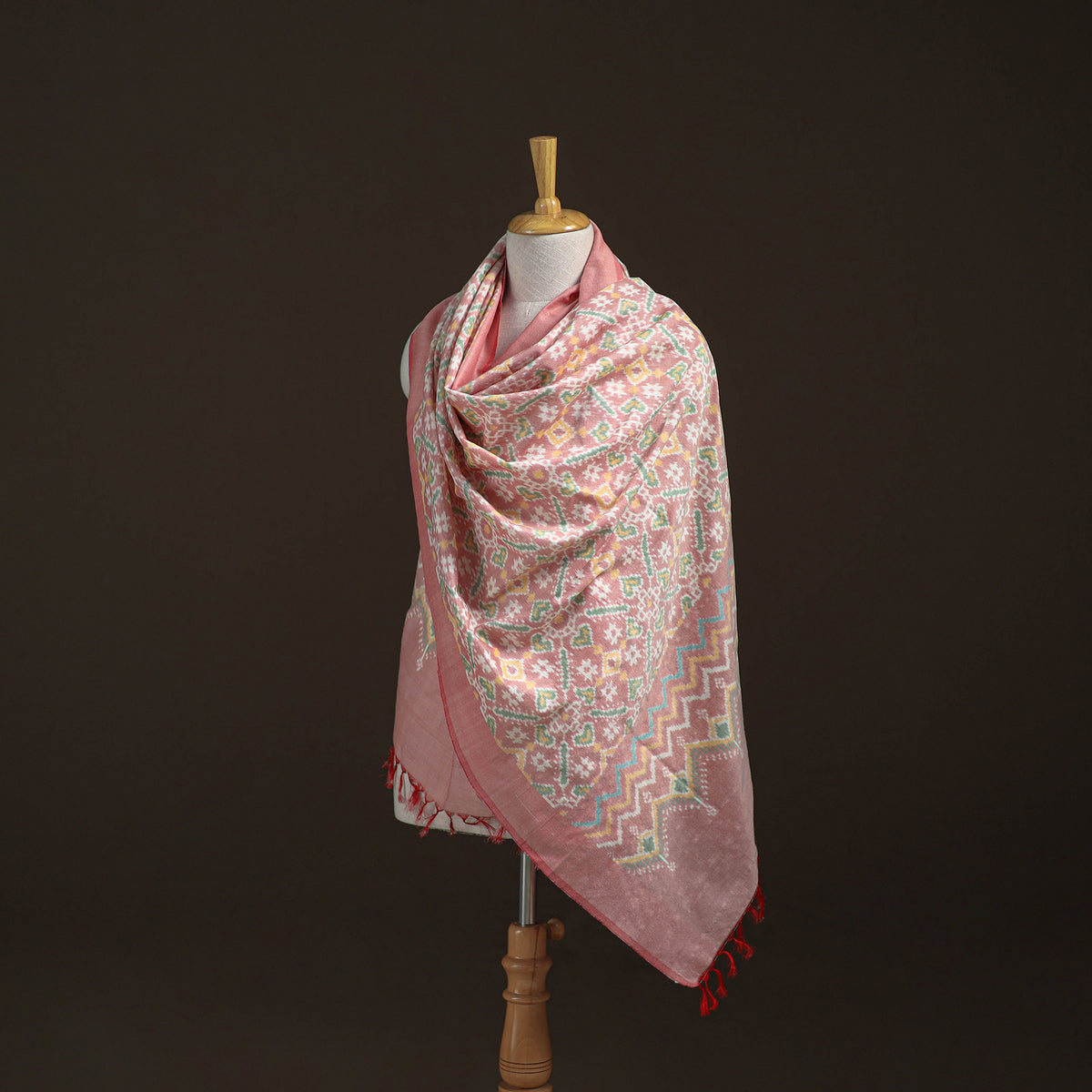 Pink - Pochampally Ikat Pure Handwoven Merino Wool x Silk Shawl 01
