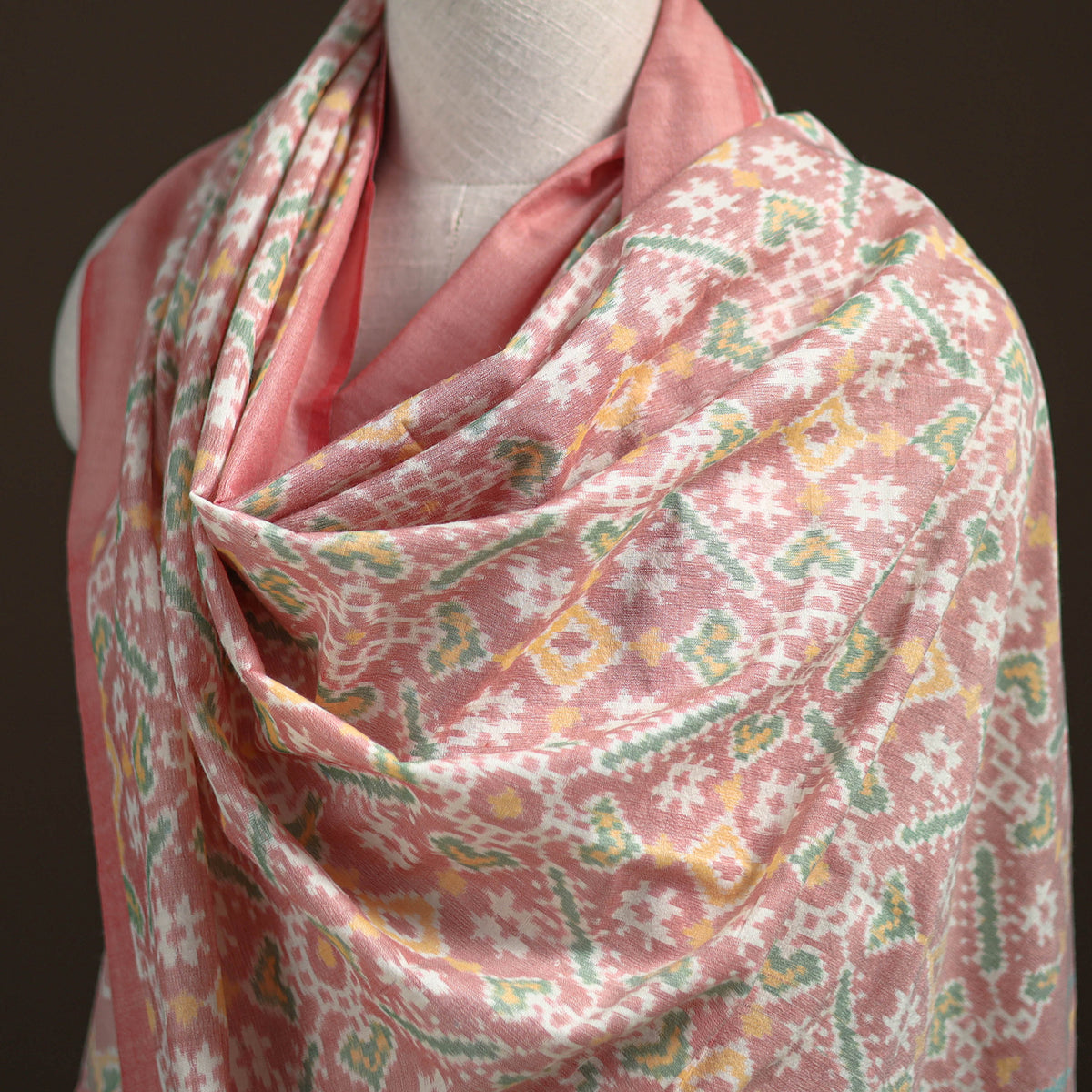 Pink - Pochampally Ikat Pure Handwoven Merino Wool x Silk Shawl 01