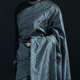 Blue - Bengal Hand Embroidery Silk Nakshi Kantha Saree 16