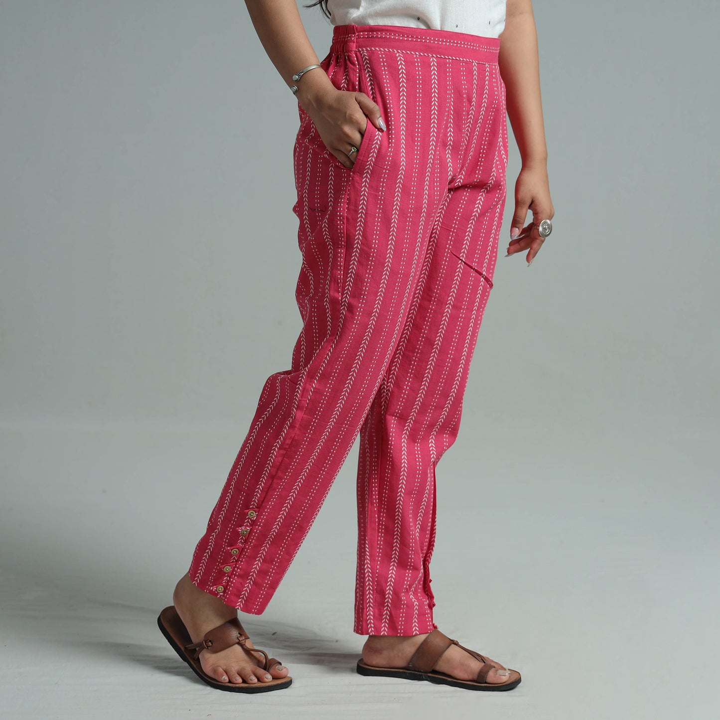 Pink - Jacquard Weave Cotton Elasticated Pant 03