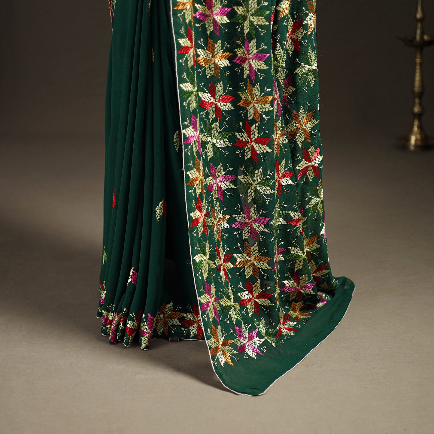 Chinon Silk Hand Embroidery Phulkari Saree 12
