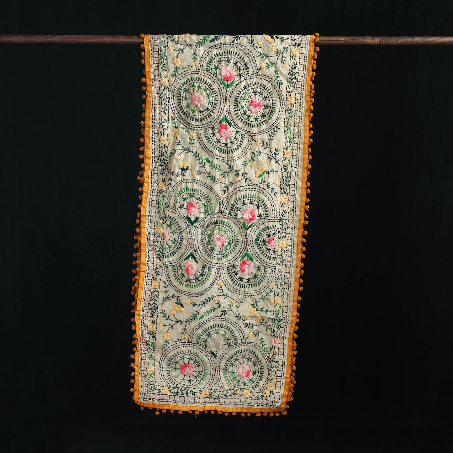 Ranihati Chanderi Silk Hand Embroidered Stole with Pom Pom 150