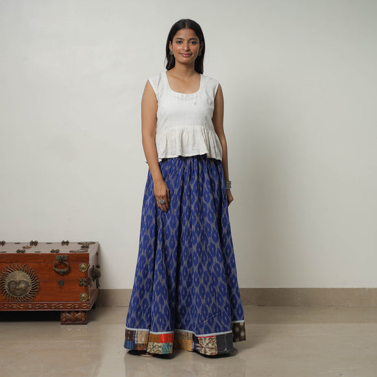 Blue - 24 Kali Cotton Pochampally Ikat Skirt with Border 33