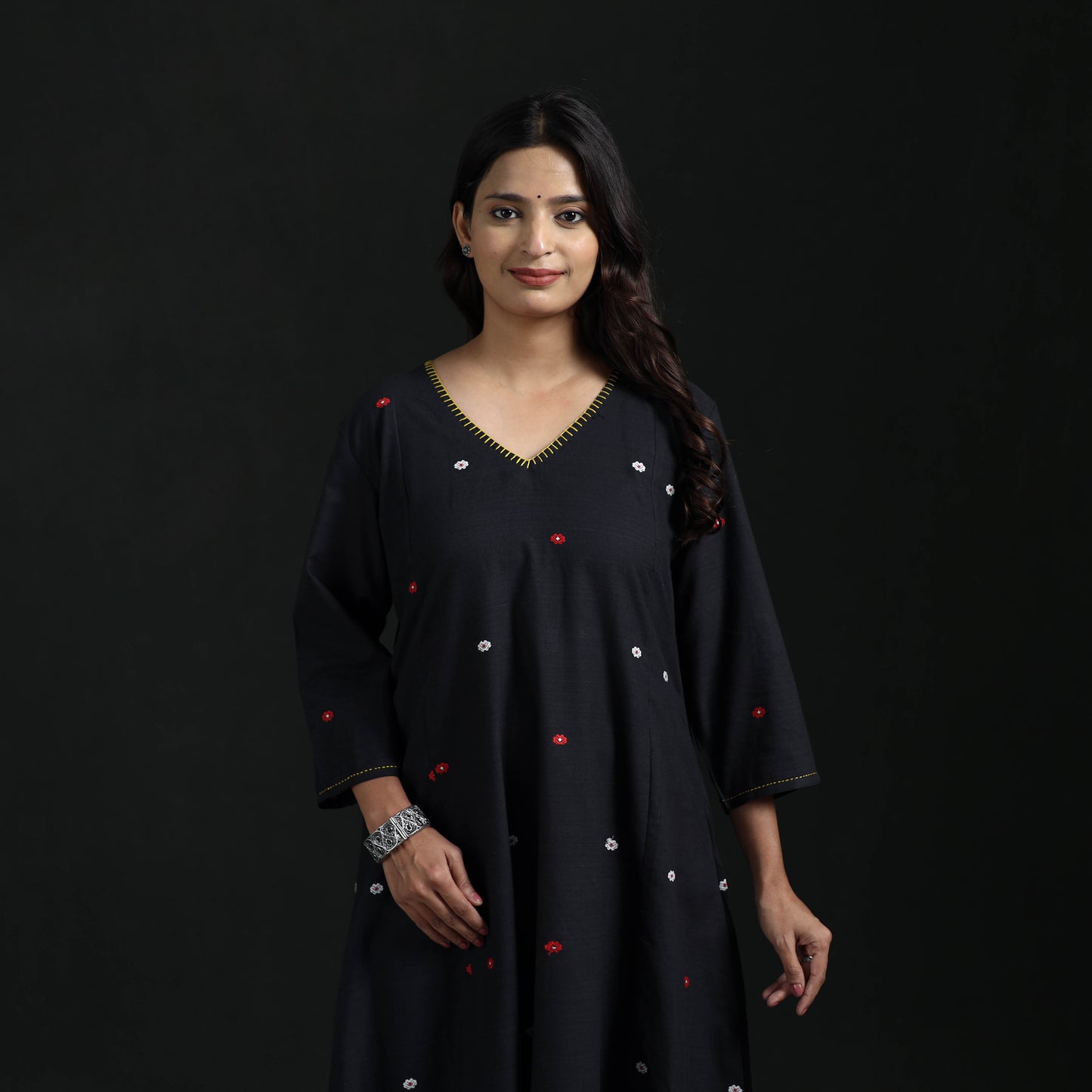 Hand Embroidered Jacquard Cotton A-Line Long Kurta for Women 03