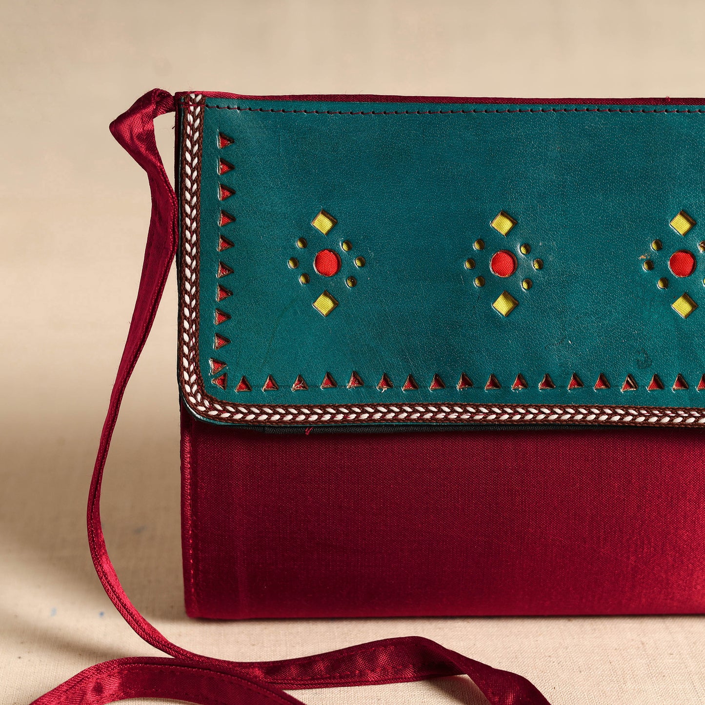 Traditional Kutch Mashru Silk Leather Flap Sling Bag 11