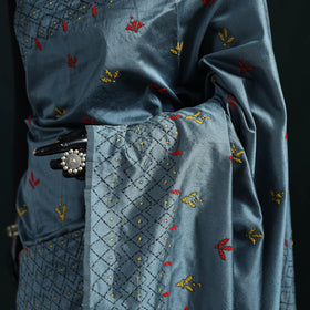 Blue - Bengal Hand Embroidery Silk Nakshi Kantha Saree 16