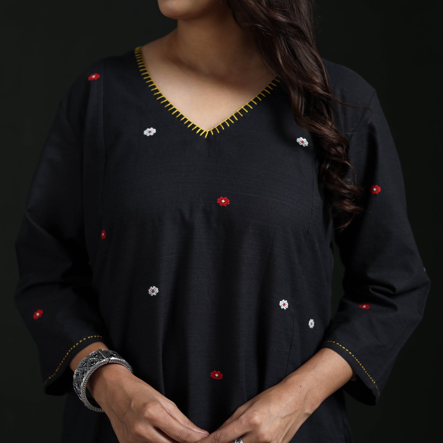 Hand Embroidered Jacquard Cotton A-Line Long Kurta for Women 03