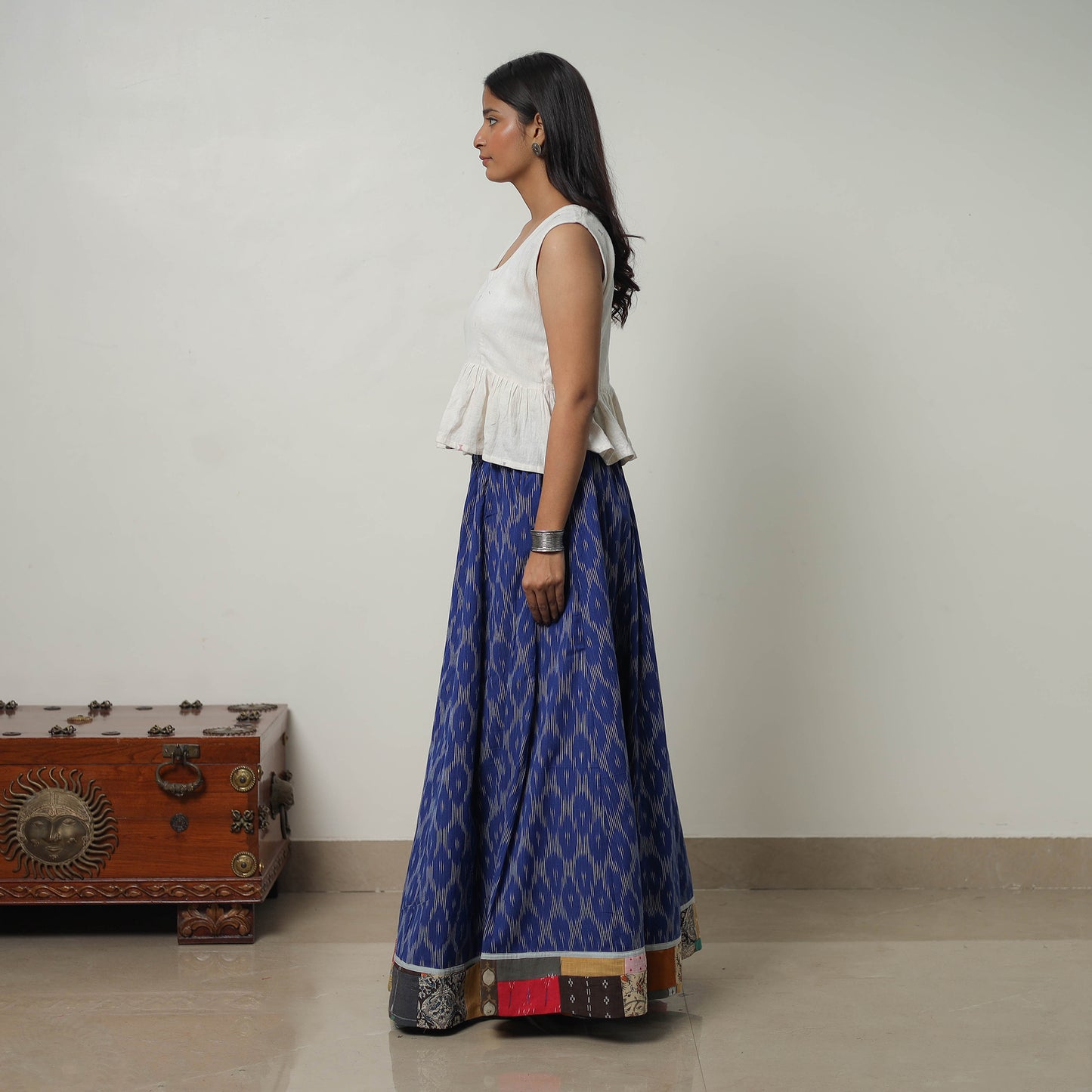 Blue - 24 Kali Cotton Pochampally Ikat Skirt with Border 33