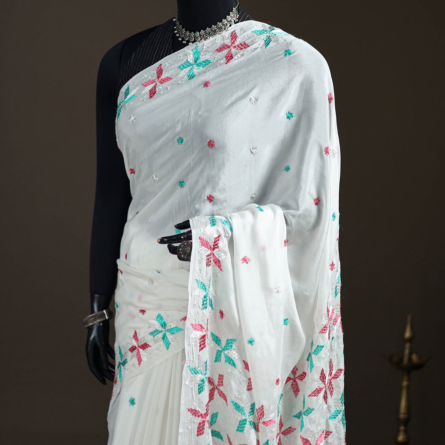 Chinon Silk Hand Embroidery Phulkari Saree 03