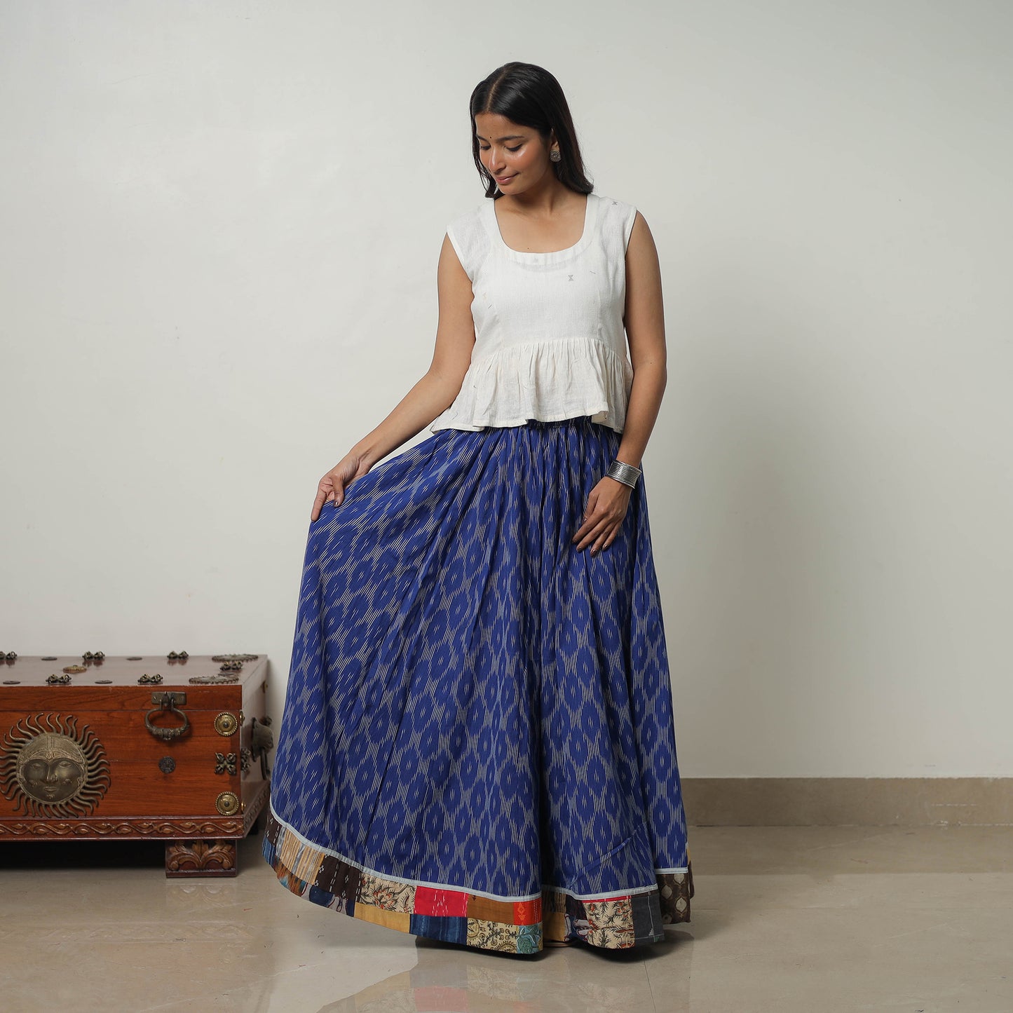 Blue - 24 Kali Cotton Pochampally Ikat Skirt with Border 33