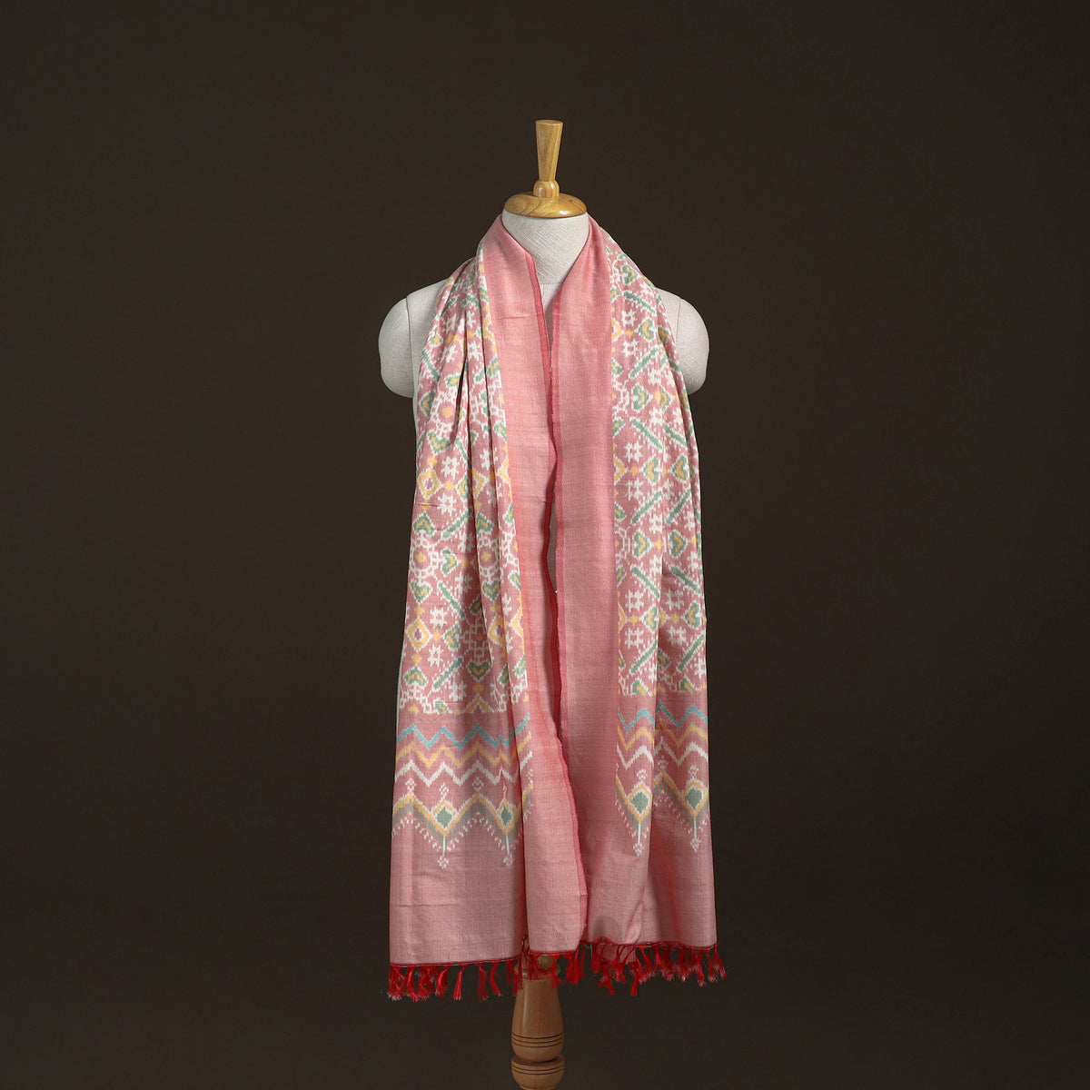 Pink - Pochampally Ikat Pure Handwoven Merino Wool x Silk Shawl 01