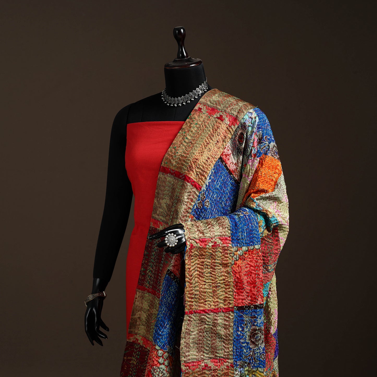 Multicolor - Bengal Hand Embroidery Patchwork Reversible Silk Kantha Dupatta 07