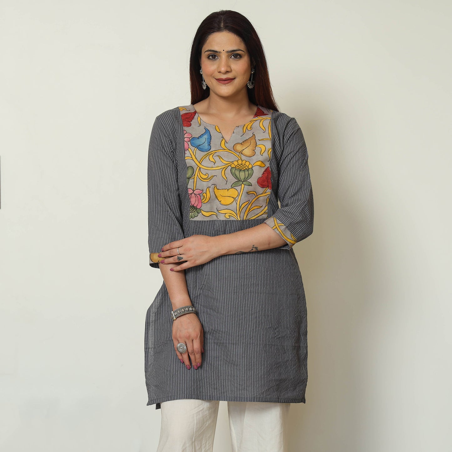 Grey - Srikalahasti Kalamkari Patchwork Running Stitch Plain Cotton Short Kurta 12