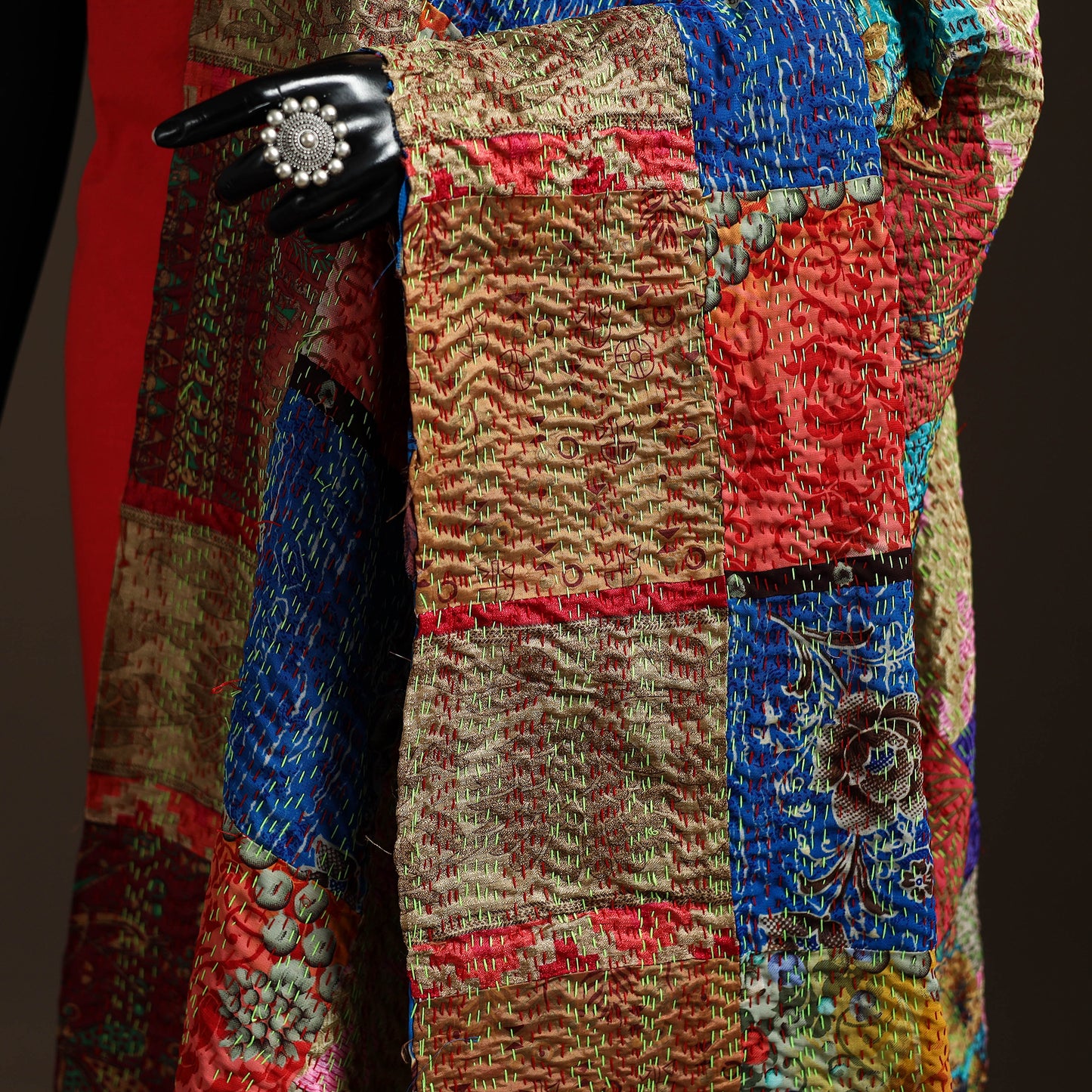 Multicolor - Bengal Hand Embroidery Patchwork Reversible Silk Kantha Dupatta 07