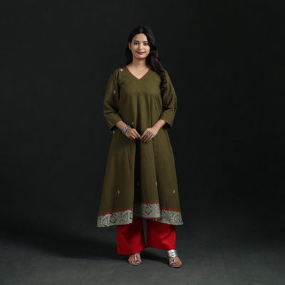 Hand Embroidered Jacquard Cotton A-Line Long Kurta for Women 05