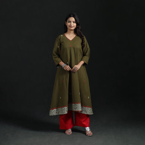 Hand Embroidered Jacquard Cotton A-Line Long Kurta for Women 05