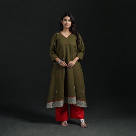 Hand Embroidered Jacquard Cotton A-Line Long Kurta for Women 05