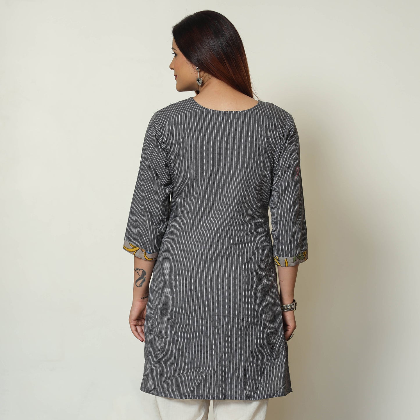 Grey - Srikalahasti Kalamkari Patchwork Running Stitch Plain Cotton Short Kurta 12