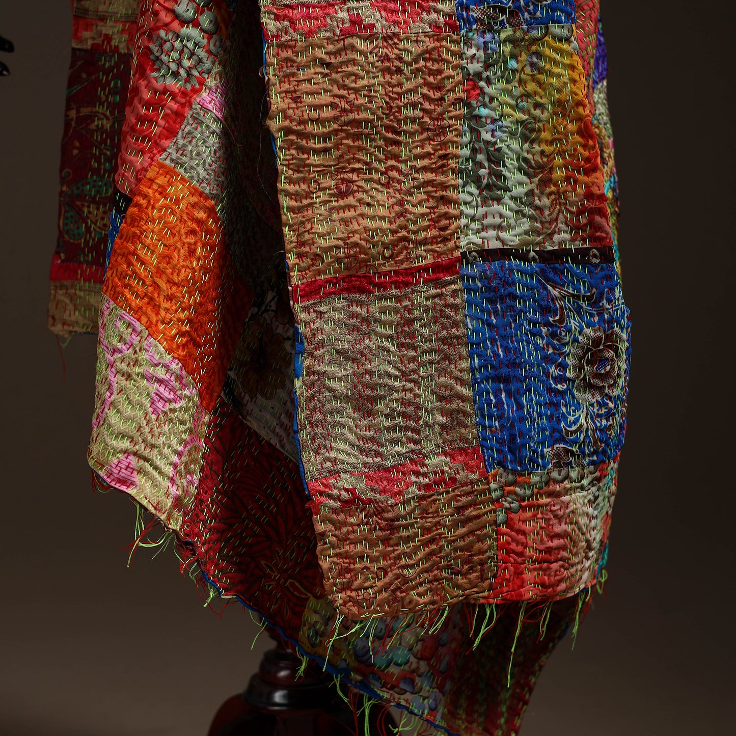 Multicolor - Bengal Hand Embroidery Patchwork Reversible Silk Kantha Dupatta 07